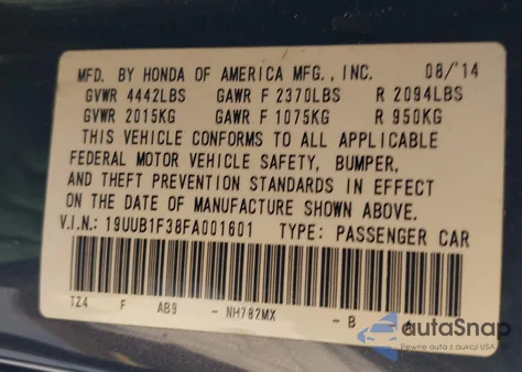 2015 Acura Tlx z USA, uszkodzony, nr VIN 19UUB1F38FA001601